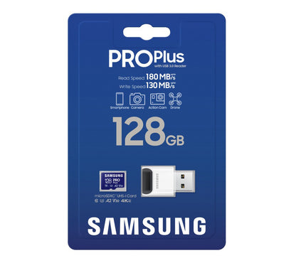 Scheda di memoria microSDXC Samsung PRO Plus, 128Gb, Classe 10 / UHS-1 U3, con Lettore di Schede MB-MD128SB/WW