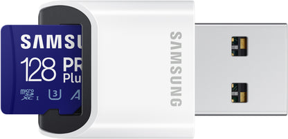 Samsung PRO Plus microSDXC Speicherkarte, 128Gb, Klasse 10 / UHS-1 U3, mit Kartenleser und Adapter MB-MD128KB/WW