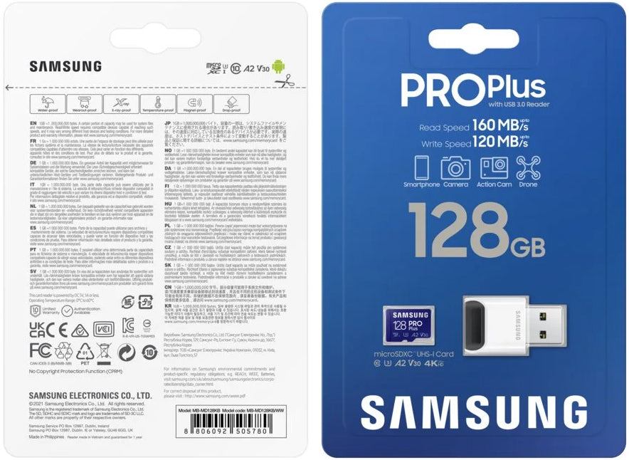 Samsung PRO Plus microSDXC Speicherkarte, 128Gb, Klasse 10 / UHS-1 U3, mit Kartenleser und Adapter MB-MD128KB/WW