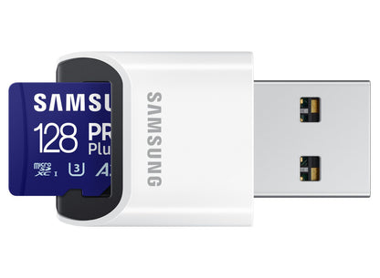 Scheda di memoria microSDXC Samsung PRO Plus, 128Gb, Classe 10 / UHS-1 U3, con Lettore di Schede MB-MD128SB/WW