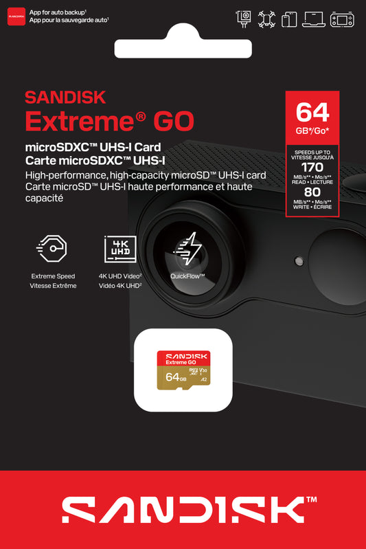 Carte mémoire microSDXC SanDisk Extreme GO Android A2, 64Go, Classe 10 / UHS-1 U1 SDSQXGN-064G-GN6MN