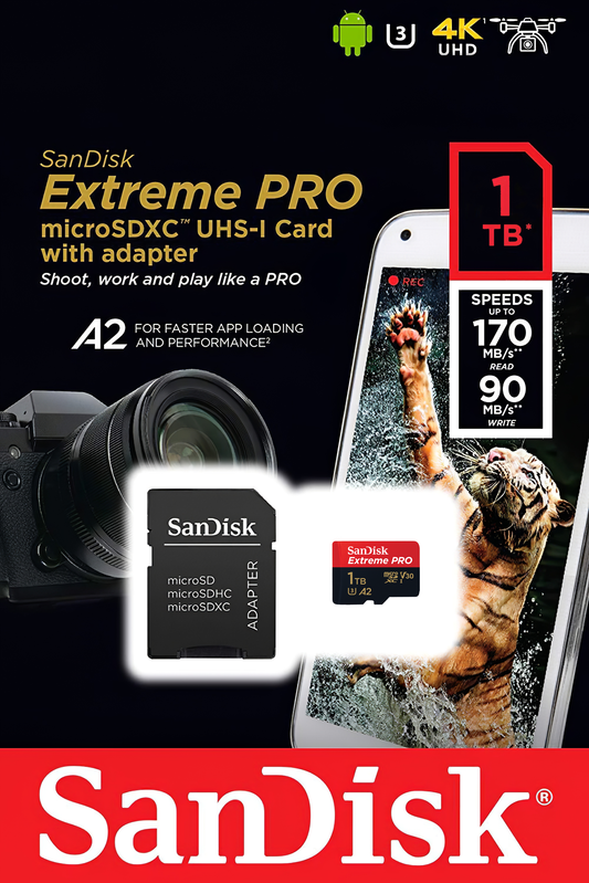 Carte Mémoire microSDXC SanDisk Extreme Pro, 1TB, Classe 10 / UHS-1 U3, Avec Adaptateur SDSQXCD-1T00-GN6MA