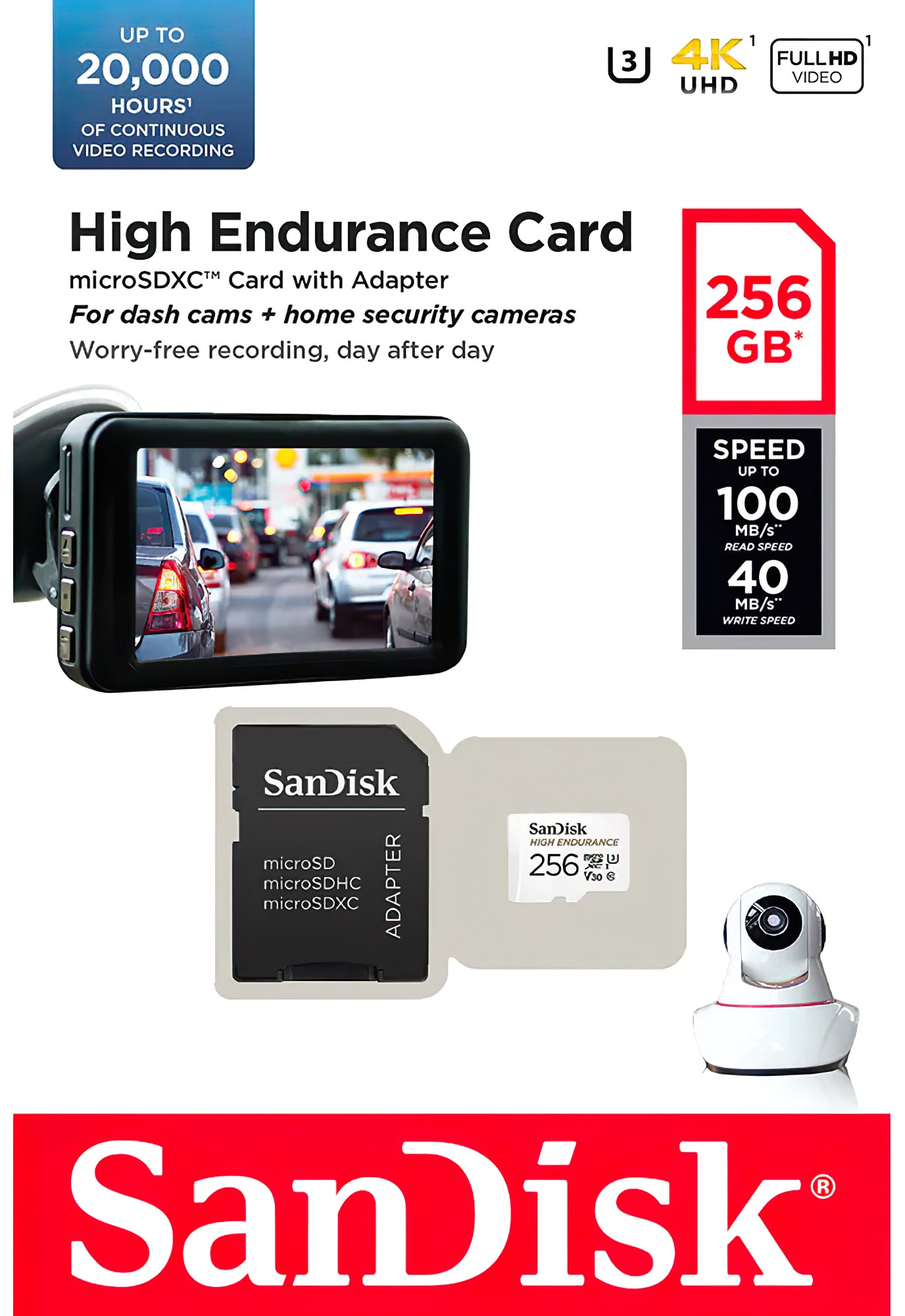 Scheda di Memoria microSDXC SanDisk High Endurance, 256Gb, Classe 10 / UHS-1 U3, Con Adattatore SDSQQNR-256G-GN6IA