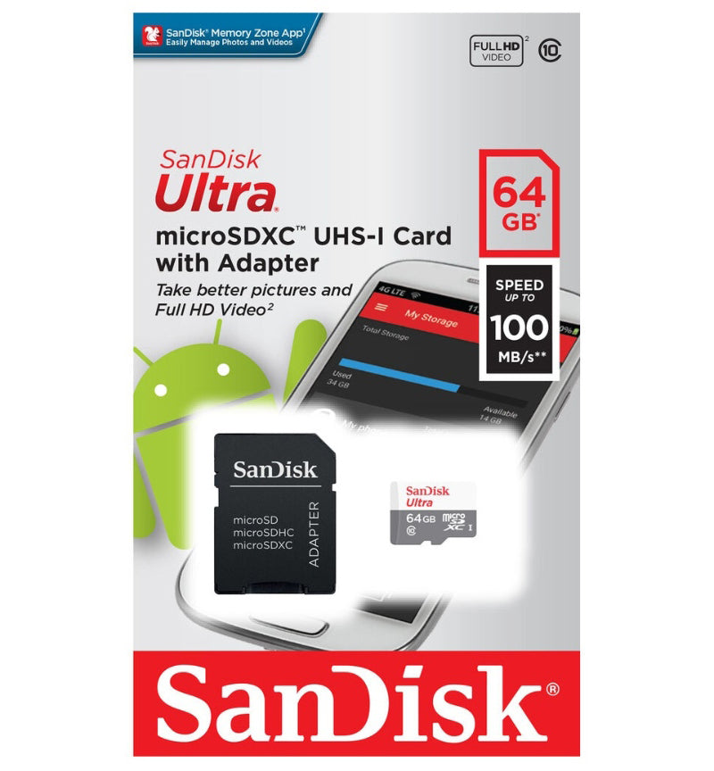 Carte mémoire microSDXC SanDisk Ultra, 64Gb, Classe 10, Avec Adaptateur SDSQUNR-064G-GN6TA