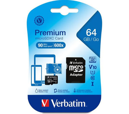 Verbatim microSDXC Memory Card, 64GB, Class 10 / UHS-1 U1, With Adapter