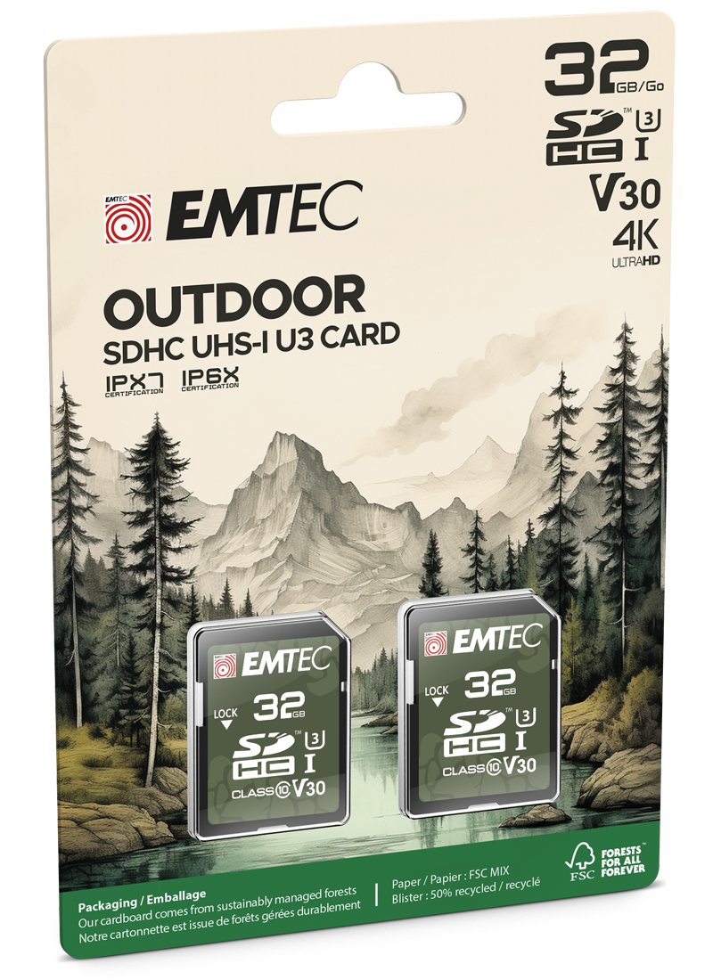 Scheda di Memoria SDHC Emtec Rugged Outdoor, 32Gb, Classe 10 / UHS-1 U3, Set 2 pezzi ECMSD32GHC10ORP2