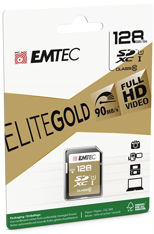 Emtec Elite Gold SDXC Memory Card, 128Gb, Class 10 / UHS-1 U1 ECMSD128GXC10GP