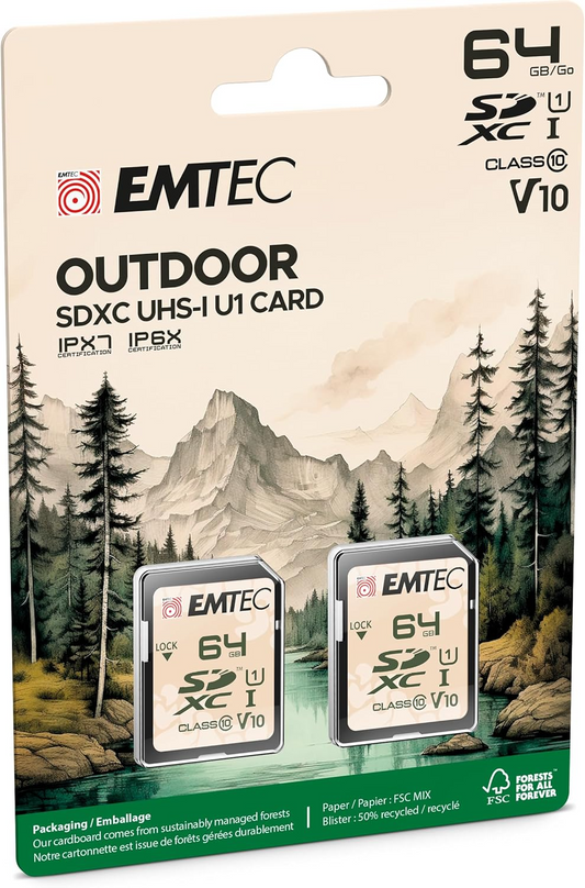 Scheda di memoria SDXC Emtec Rugged Outdoor, 64Gb, Classe 10 / UHS-1 U1, Set 2 pezzi ECMSD64GXCU1ORP2