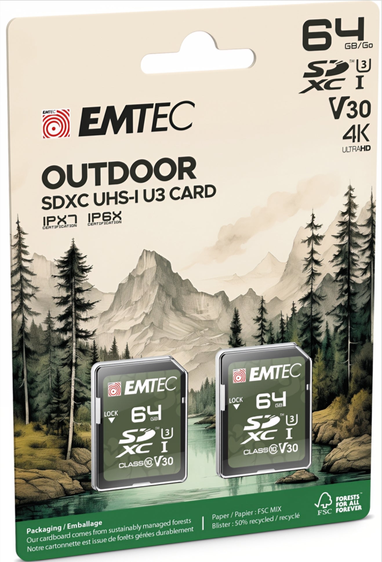 Scheda di memoria SDXC Emtec Rugged Outdoor, 64Gb, Classe 10 / UHS-1 U3, Set 2 pezzi ECMSD64GXCU3ORP