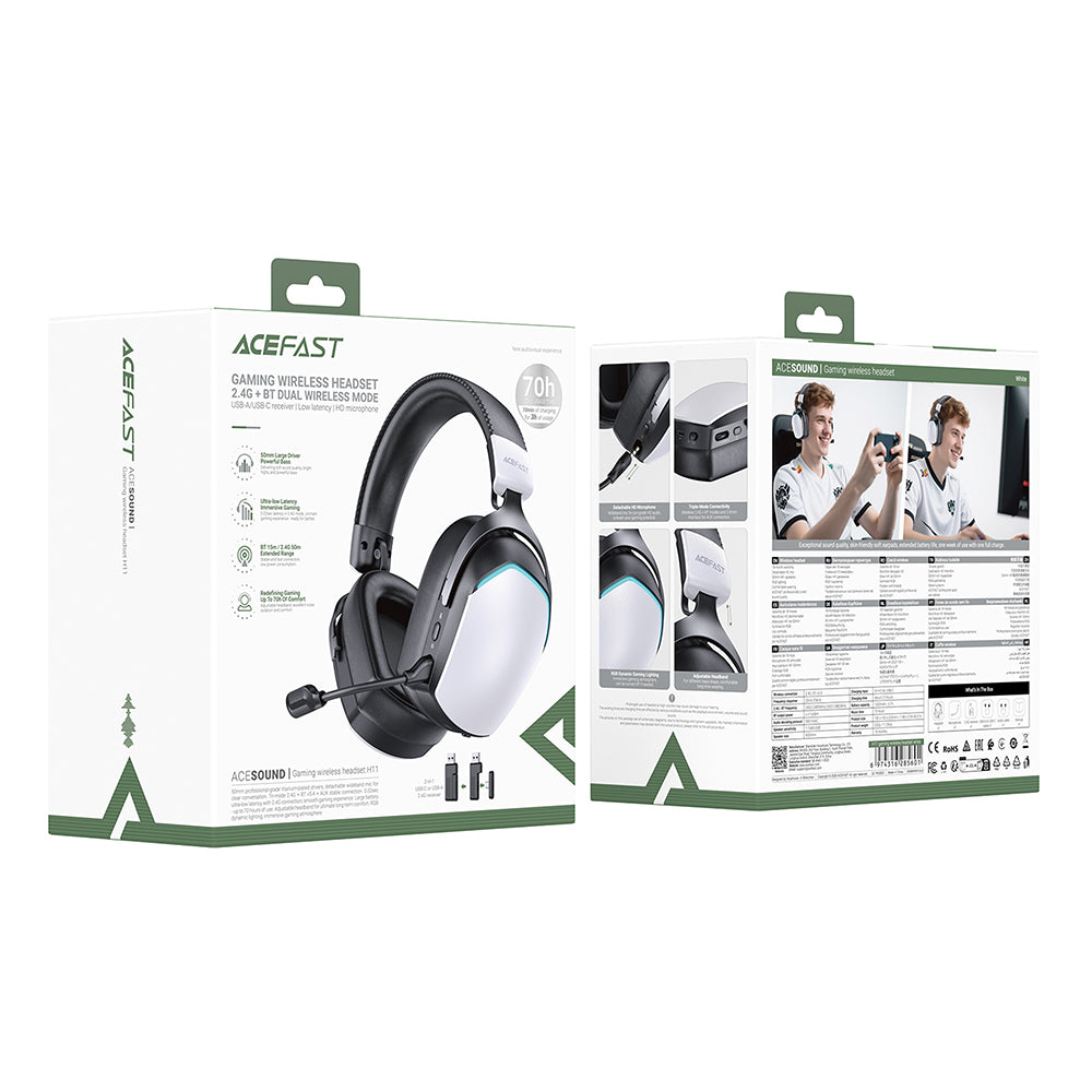 Acefast H11 Wireless Gaming Kopfhörer, RGB, BT / Wi-Fi / Kabelgebunden, Weiß