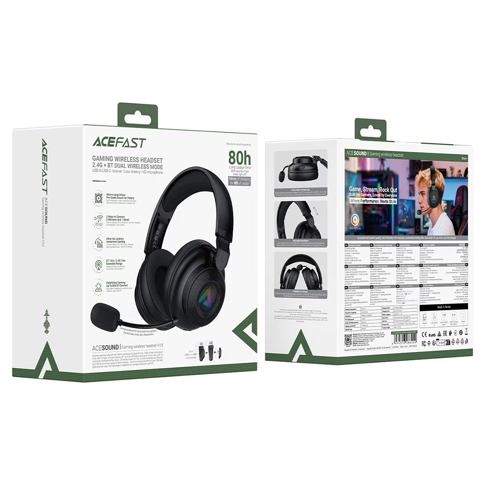 Cuffie Gaming Wireless Acefast H15, RGB, BT / Wi-FI / Cablate, Nere