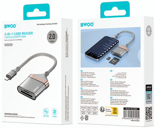 Lettore di schede Lightning BWOO BZ63, SD - microSD, Grigio