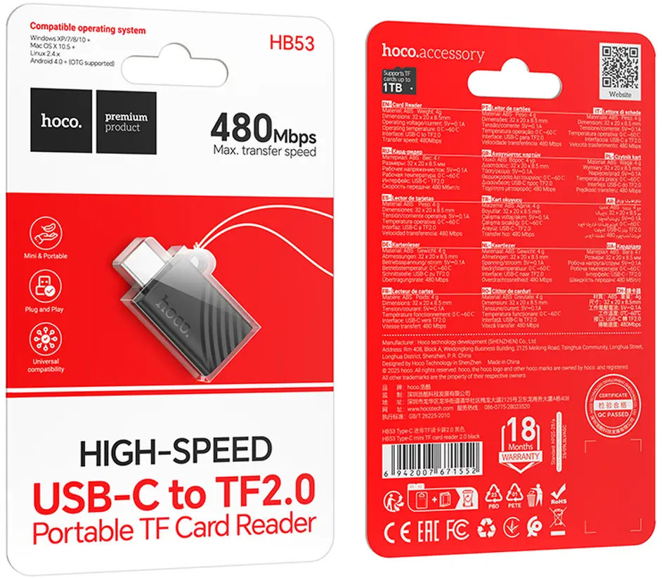 Lettore di schede USB-C HOCO HB53, microSD, Nero