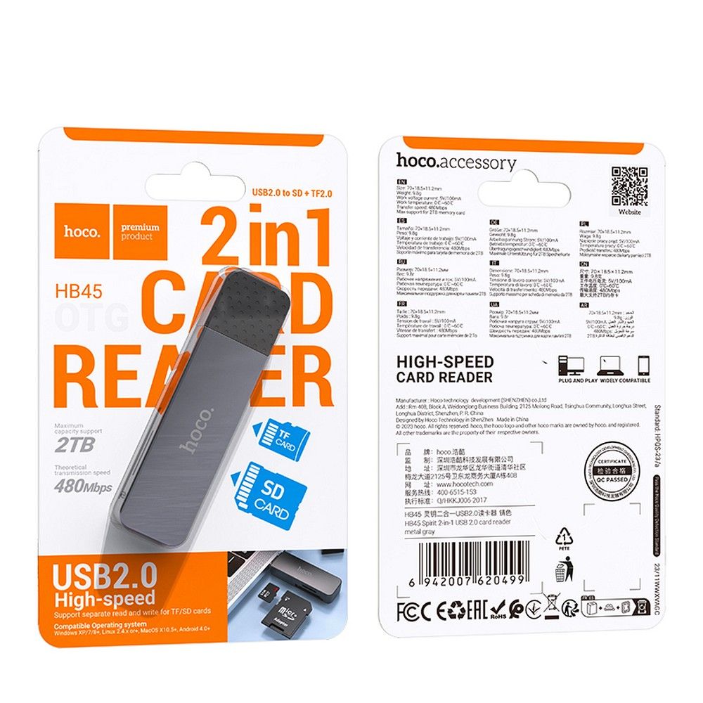 USB-Kartenleser HOCO HB45, SD - microSD, Grau