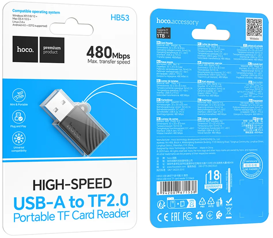 Lecteur de carte USB HOCO HB53, microSD, Noir