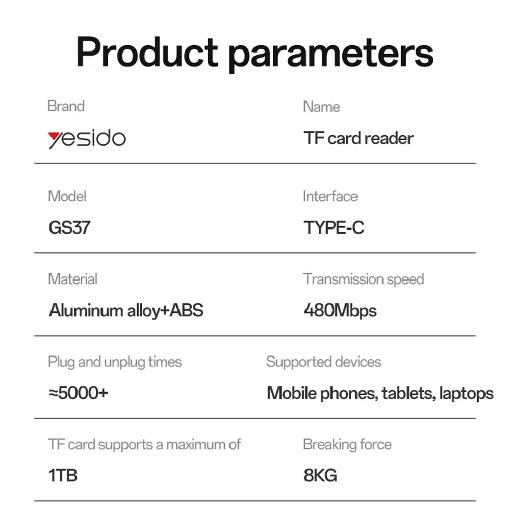 Lettore di schede USB Yesido GS37, microSD, Nero