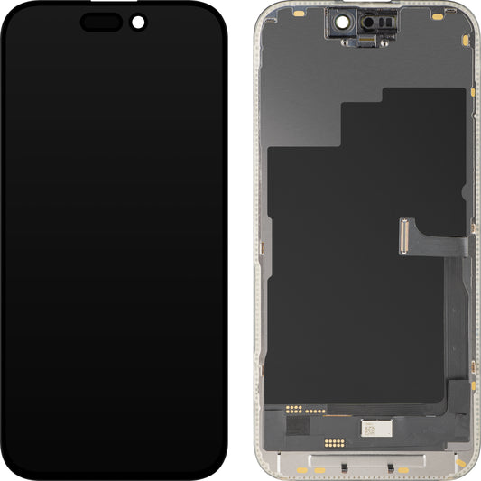 Display con Touchscreen MP compatibile con Apple iPhone 15 Pro, con Cornice, Versione OLED FHD Diagnostic, Nero