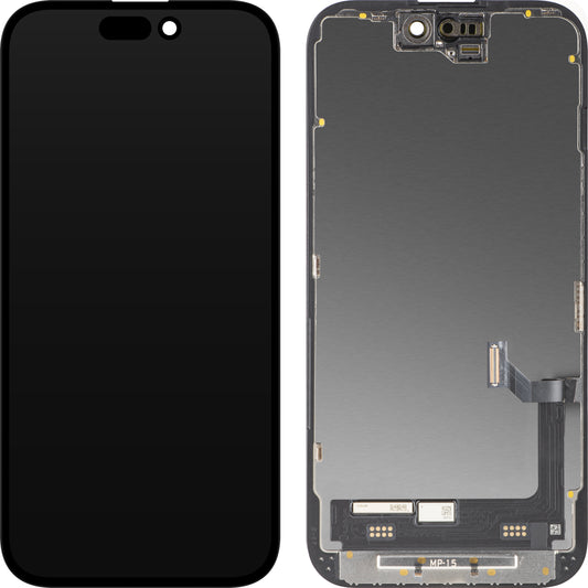 Écran tactile MP compatible avec Apple iPhone 15, avec cadre, version Premium Soft OLED FHD 120Hz Diagnostic, noir