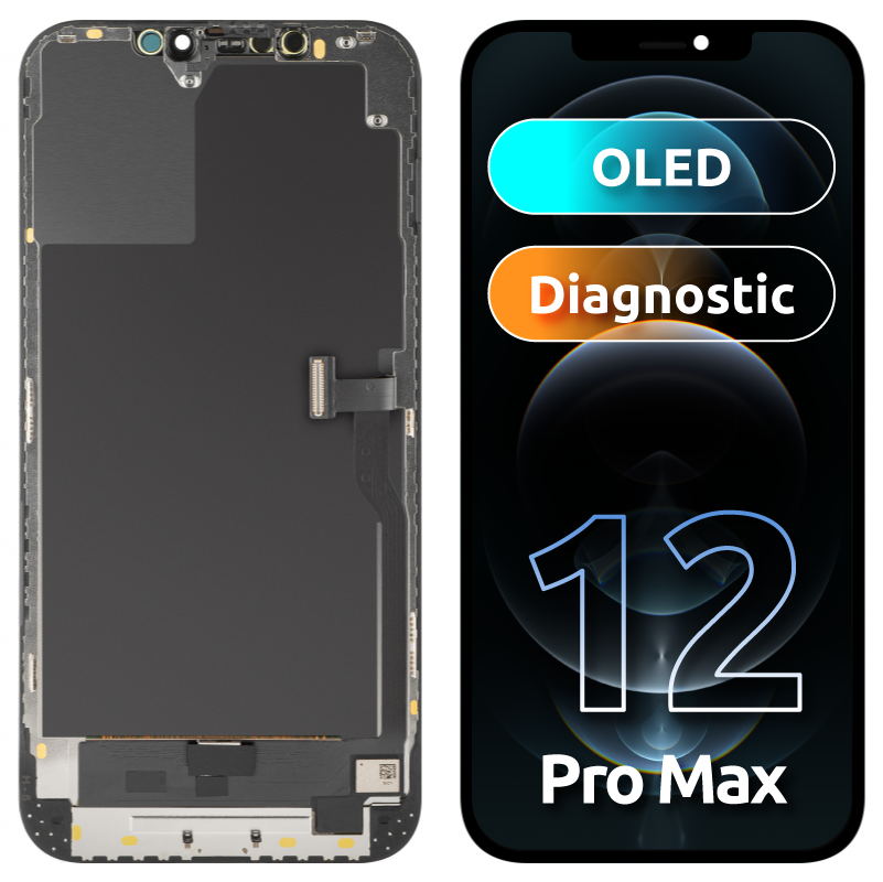Display con Touchscreen MP compatibile con Apple iPhone 12 Pro Max, con Cornice, Versione OLED Diagnostica, Nero
