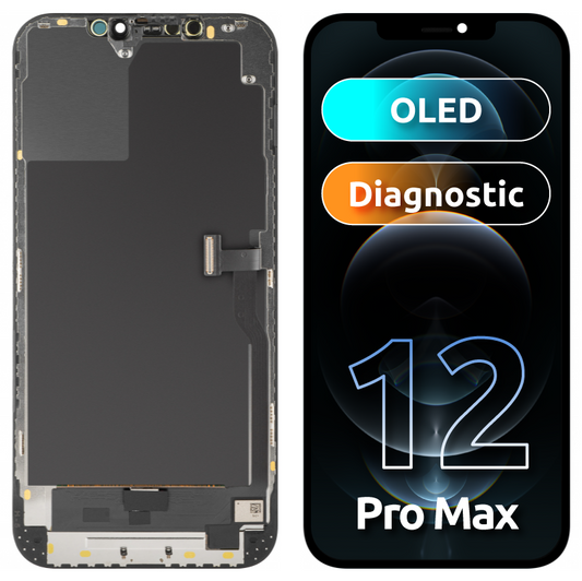 Display con Touchscreen MP compatibile con Apple iPhone 12 Pro Max, con Cornice, Versione OLED Diagnostica, Nero