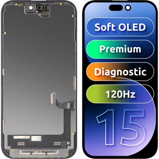 Display con Touchscreen MP compatibile con Apple iPhone 15, con Cornice, Versione Premium Soft OLED FHD 120Hz Diagnostico, Nero