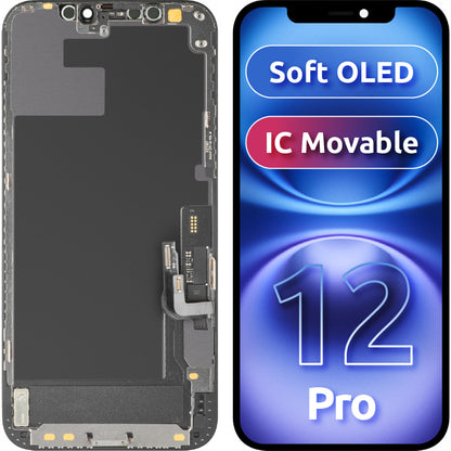Display con Touchscreen MP compatibile con Apple iPhone 12 / 12 Pro, con Cornice, Versione Soft OLED IC Movable FHD, Nero