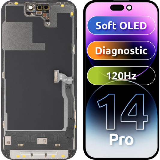 Display mit Touchscreen MP kompatibel mit Apple iPhone 14 Pro, mit Rahmen, Soft OLED 120Hz FHD Diagnostic Version, Schwarz