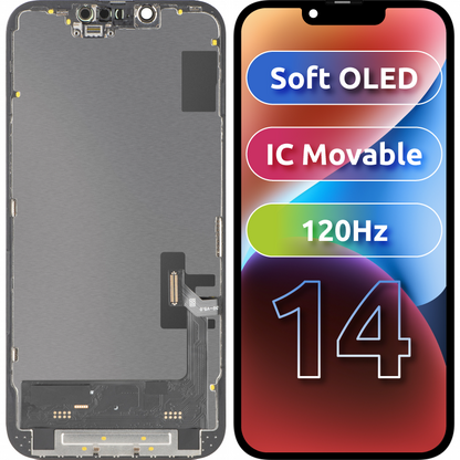 Display mit MP Touchscreen kompatibel mit Apple iPhone 14, mit Rahmen, Soft OLED FHD 120Hz IC Movable, Schwarz