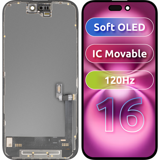 Display mit MP Touchscreen kompatibel mit Apple iPhone 16, mit Rahmen, Soft OLED FHD 120Hz IC Movable, Schwarz