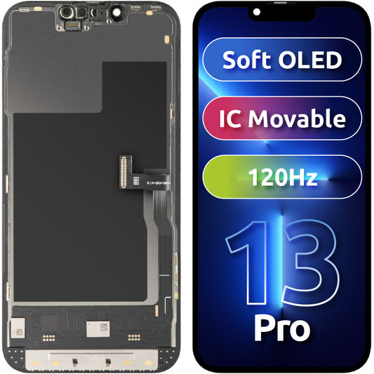 Display mit MP Touchscreen kompatibel mit Apple iPhone 13 Pro, mit Rahmen, Soft OLED IC Movable 120Hz FHD Version, Schwarz