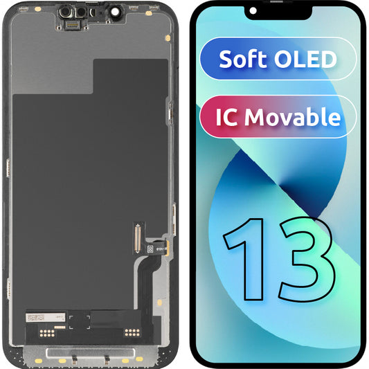 Display mit MP Touchscreen kompatibel mit Apple iPhone 13, mit Rahmen, Soft OLED IC Movable FHD Version, Schwarz