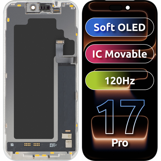 Display con Touchscreen MP compatibile con Apple iPhone 17 Pro, con Cornice, Versione Soft OLED FHD 120Hz IC Movable, Nero