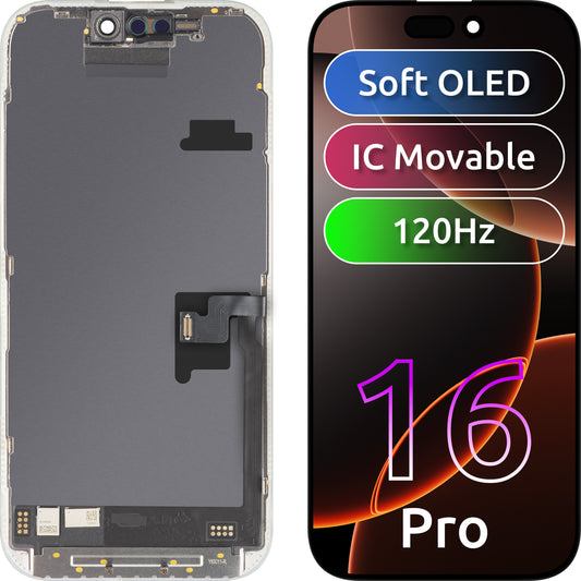 Écran tactile MP compatible avec Apple iPhone 16 Pro, avec cadre, version Soft OLED FHD 120Hz IC Movable, Noir