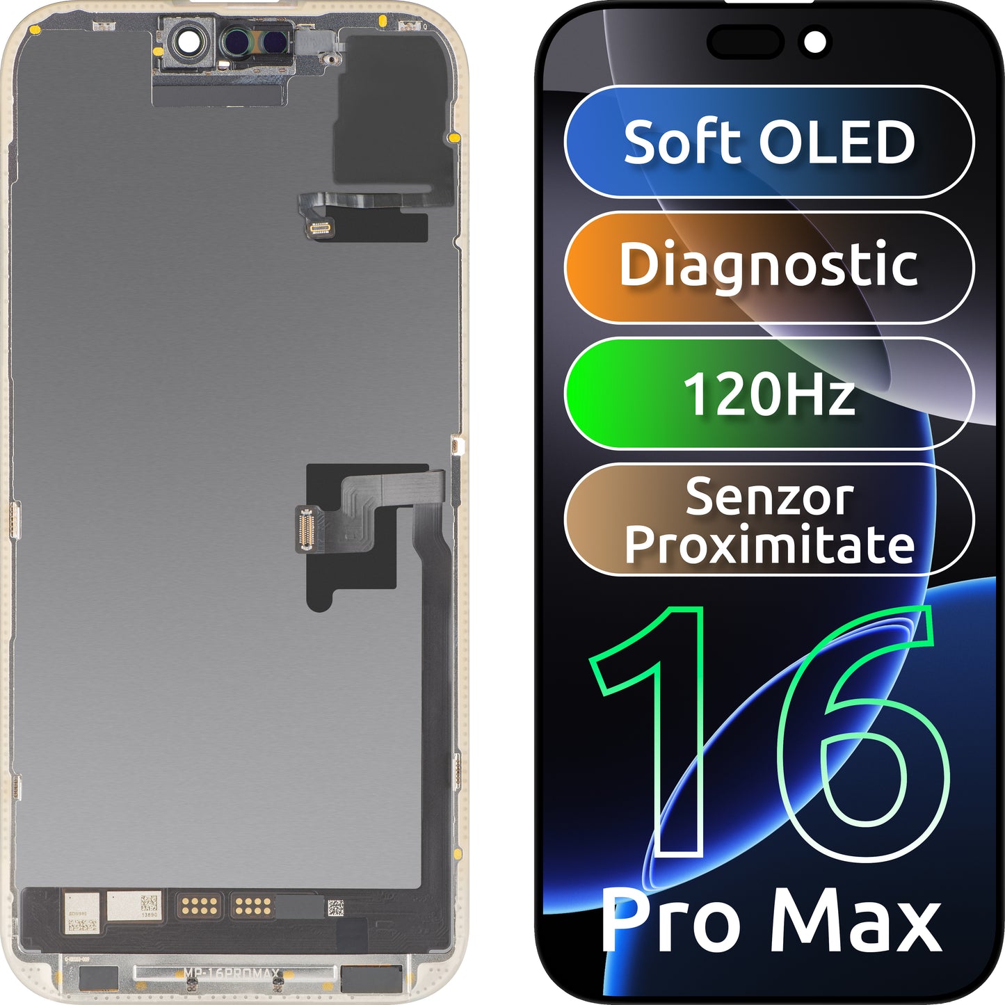 Touchscreen-Display mit Näherungssensor MP kompatibel mit Apple iPhone 16 Pro Max, mit Rahmen, Soft-Version OLED FHD 120Hz Diagnostik, Schwarz