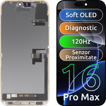 Touchscreen-Display mit Näherungssensor MP kompatibel mit Apple iPhone 16 Pro Max, mit Rahmen, Soft-Version OLED FHD 120Hz Diagnostik, Schwarz