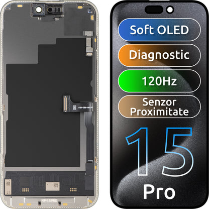 Touchscreen-Display mit Näherungssensor MP kompatibel mit Apple iPhone 15 Pro, mit Rahmen, Soft-Version OLED FHD 120Hz Diagnostik, Schwarz