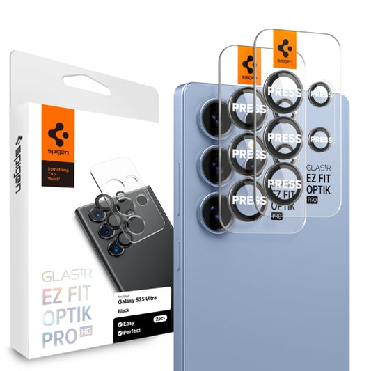 Film de protection pour caméra arrière Spigen GlastR EZ FIT Optik Pro HD pour Samsung Galaxy S25 Ultra S938, Verre trempé, Lot de 2 pièces, Noir