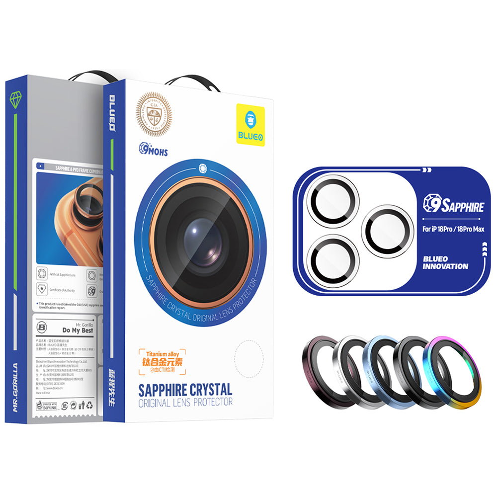Pellicola protettiva per fotocamera posteriore Blueo Sapphire Crystal per Apple iPhone 18 Pro / 18 Pro Max, vetro temperato, blu chiaro