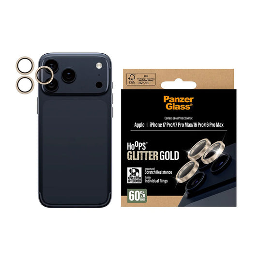 Film de protection pour caméra arrière PanzerGlass Hoops Glitter pour Apple iPhone 17 Pro Max / 17 Pro / 16 Pro Max / 16 Pro, Verre Trempé, Doré.