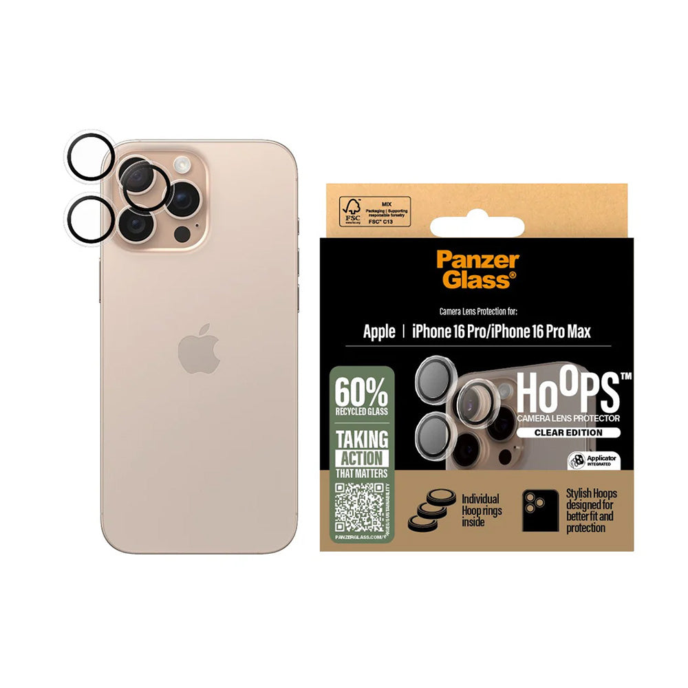 Film de protection pour caméra arrière PanzerGlass Hoops pour Apple iPhone 16 Pro Max / 16 Pro, Verre Trempé, Transparent