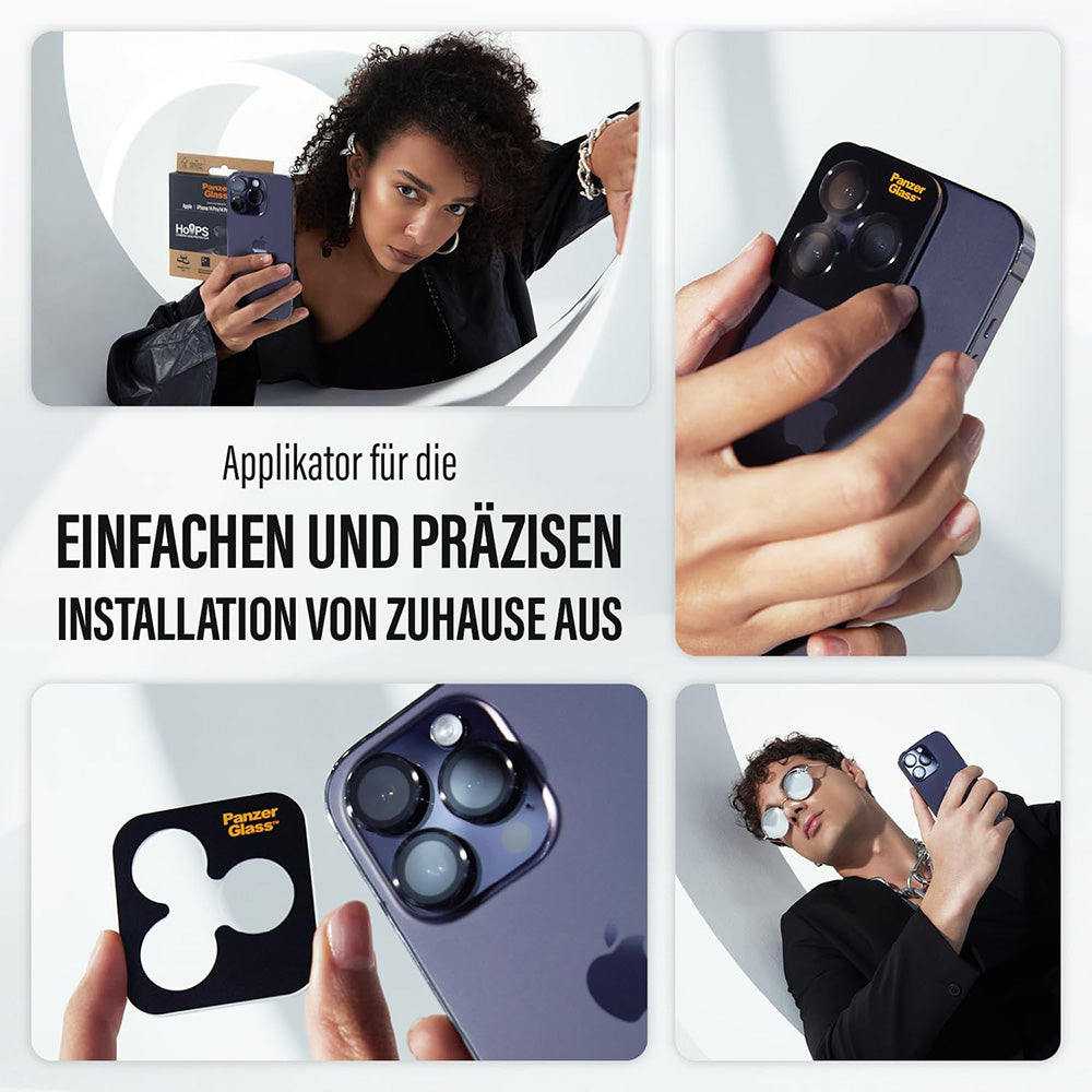 Schutzfolie PanzerGlass Hoops für die Rückkamera des Apple iPhone 17 Pro Max / 17 Pro / 16 Pro Max / 16 Pro, gehärtetes Glas, Schwarz