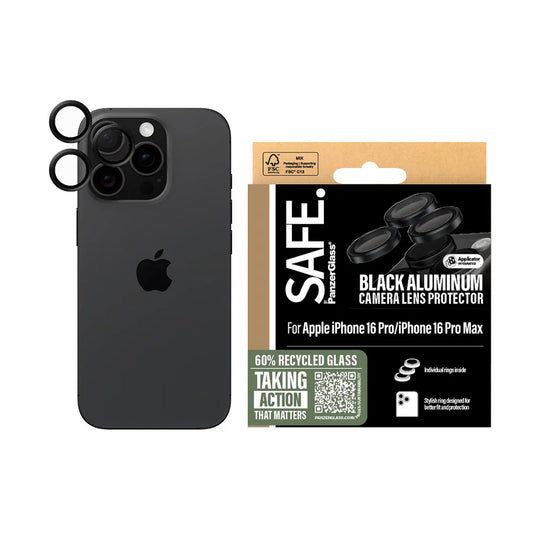 Schutzfolie PanzerGlass Safe für die Rückkamera. für Apple iPhone 16 Pro Max / 16 Pro, gehärtetes Glas, Schwarz.