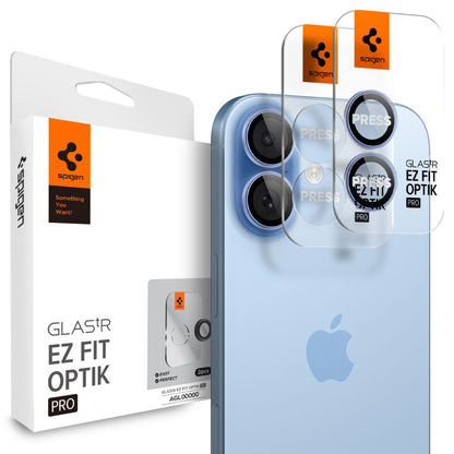 Film de protection pour caméra arrière Spigen GlastR EZ FIT Optik Pro pour Apple iPhone 17 / 16 Plus / 16, Verre trempé, Lot de 2 pièces, Bleu