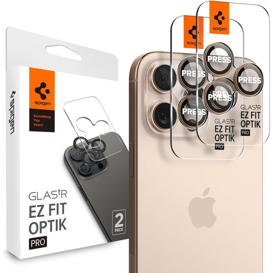Schutzfolie für die Rückkamera Spigen GlastR EZ FIT Optik Pro für Apple iPhone 16 Pro, gehärtetes Glas, Set mit 2 Stück, Bronze AGL08862