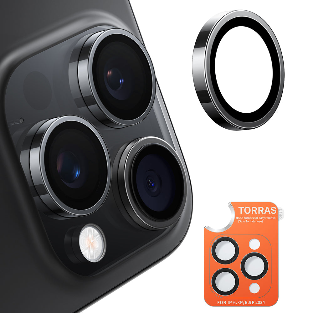 Torras Lensguard Rückkamera-Schutzfolie für Apple iPhone 16 Pro Max / 16 Pro, gehärtetes Glas, Schwarz