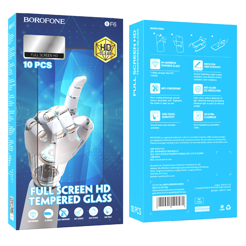Film de protection d'écran Borofone BF6 Diamond Armor pour Apple iPhone 16e / 14 / 13 Pro / 13, Verre Trempé, Full Glue, Lot de 10 pièces, Noir