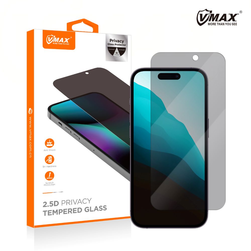 Film de protection d'écran Privacy Vmax pour Apple iPhone 16 Pro Max, Verre trempé, Collage complet, 2.5D