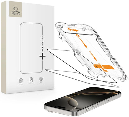 Pellicola Protettiva Schermo Tech-Protect Quick Set+ per Apple iPhone 16 Pro, Vetro Temperato, Full Glue, Set 2 pezzi, Nera
