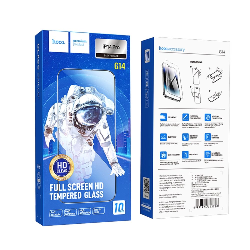Pellicola Protettiva Schermo HOCO per Apple iPhone 14 Pro, Vetro Temperato, Full Glue, Set 10 pezzi, Nera