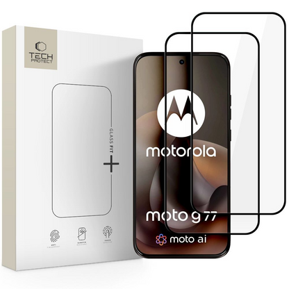 Film de protection d'écran Tech-Protect FIT+ pour Motorola Moto G77 / G67, Verre trempé, Collage complet, Lot de 2 pièces, 2.5D, Noir